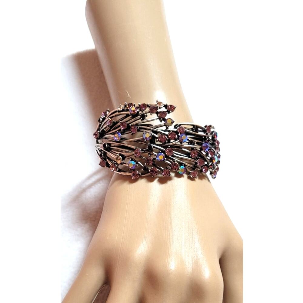 Rhinestone Clamper Bracelet Purple Pink AB Silvertone Metal Boho Fairy Cottage - Picture 4 of 12